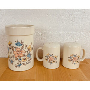 VINTAGE HIMARK Saltera Ceramic Floral Mist Utensil Canister + Salt Pepper 6" B1